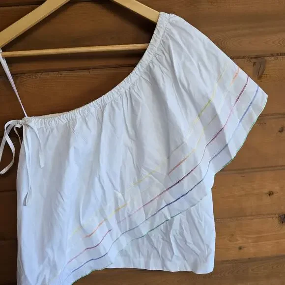 Central Park West Blouse Asymmetrical One Shoulder Top Small Rainbow Beach Prep - Picture 3 of 7